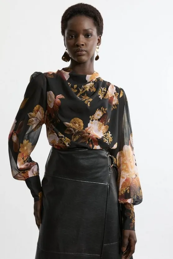 Karen Millen Georgette Balloon Sleeve Blouse floral Sale