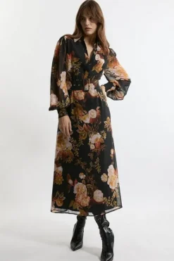 Karen Millen Georgette Maxi Shirt Dress floral Discount