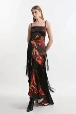 Karen Millen Heavy Satin Panelled Fringed Woven Strappy Maxi Dress floral Online