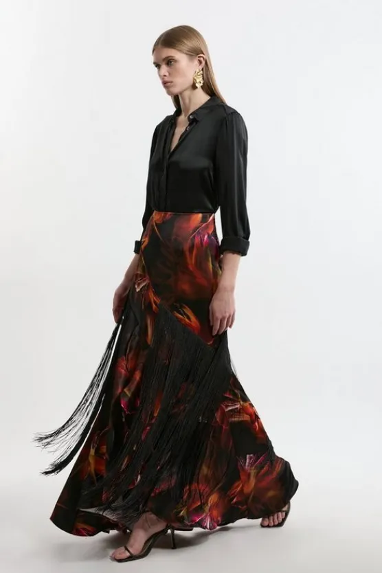 Karen Millen Heavy Satin Panelled Fringed Woven Maxi Skirt floral Clearance