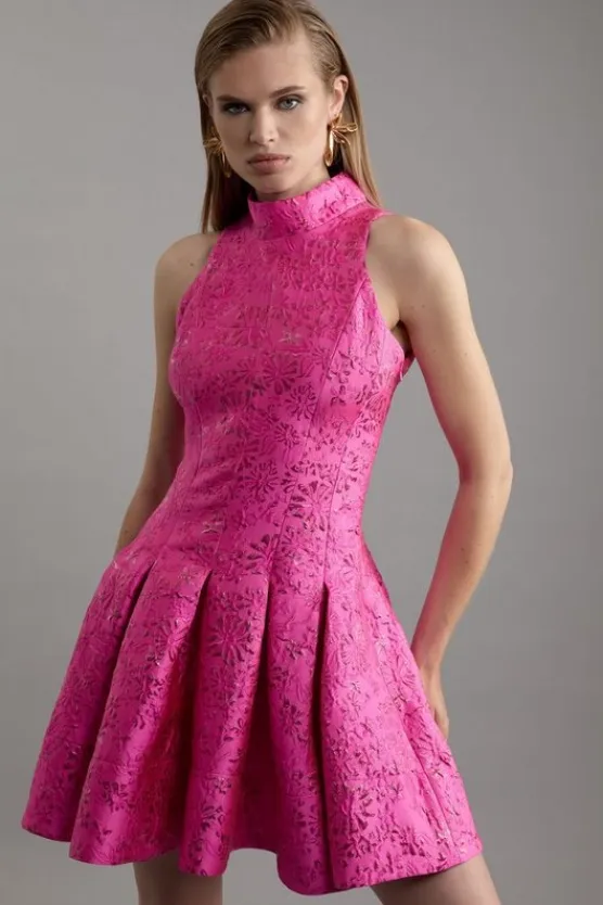 Karen Millen Floral Jacquard Halter Full Skirt Tailored Mini Dress pink Outlet