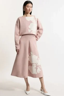 Karen Millen Floral Jacquard Viscose Blend Milano Knit Midi Skirt Co-Ord mauve Clearance