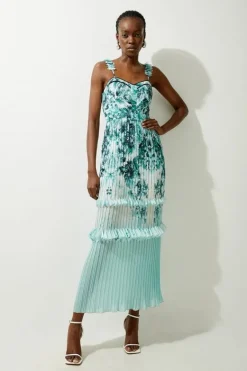 Karen Millen Floral Pleat Detail Strappy Woven Midi Dress green Clearance