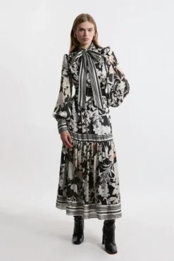Karen Millen Pleated Tie Neck Woven Midaxi Dress floral Outlet