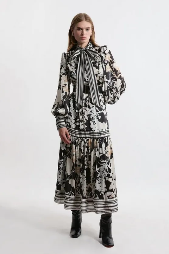 Karen Millen Pleated Tie Neck Woven Midaxi Dress floral Outlet