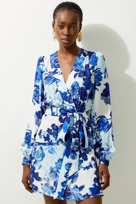 Karen Millen Floral Printed Morocain Woven Wrap Mini Dress blue Online