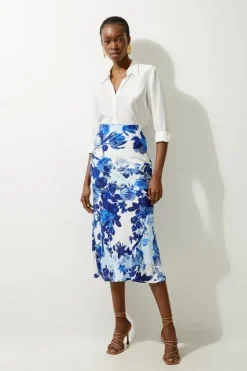 Karen Millen Floral Printed Morocain Woven Maxi Skirt blue Outlet