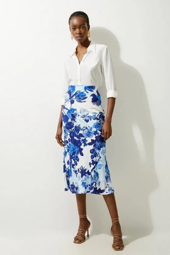 Karen Millen Floral Printed Morocain Woven Maxi Skirt blue Outlet