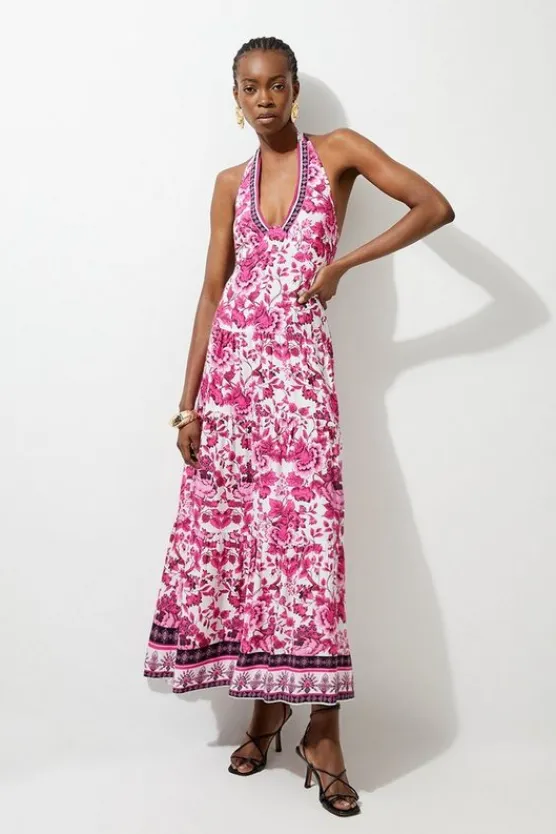 Karen Millen Floral Printed Viscose Woven Halter Maxi Dress purple Discount