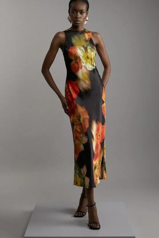 Karen Millen Satin Woven Column Maxi Dress floral Best