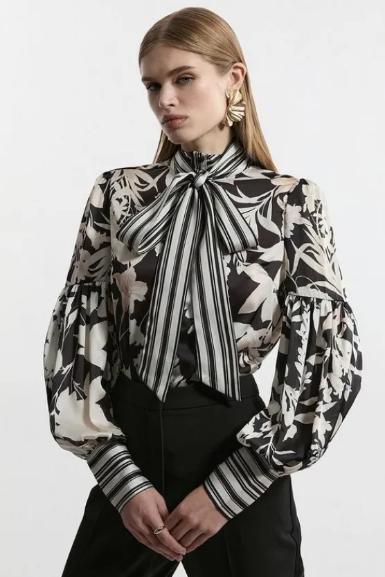 Karen Millen Tie Neck Woven Blouse floral New