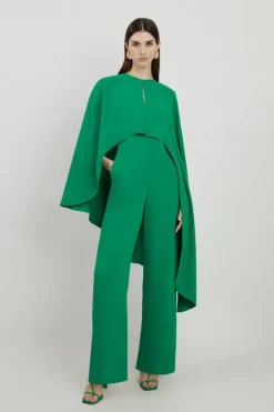 Karen Millen Fluid Tailored Asymmetric Draped Cape Straight Leg Jumpsuit green New