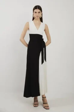 Karen Millen Fluid Tailored Color Block Side Pleated Midi Dress mono Fashion