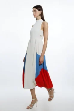 Karen Millen Fluid Tailo Colour Block Pleated Full Skirted Maxi Dress red Discount