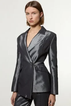 Karen Millen Fluid Tailored Metallic Asymmetric Wrap Blazer silver Discount
