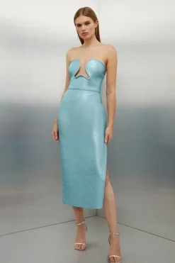 Karen Millen Foiled Figure Form Bandage Corset Detail Knit Midi Dress paleblue Online