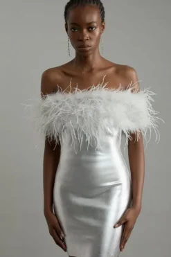 Karen Millen Foiled Figure Form Bandage Knit Feather Off The Shoulder Mini Dress silver Best