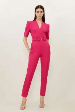 Karen Millen Forever Belted Notch Neck Tailored Jumpsuit fuchsia New