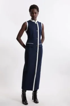 Karen Millen Formal Tailored Compact Stretch Sleeveless Fitted Maxi Dress navy Hot