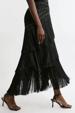 Karen Millen Fringe And Beaded Woven Skirt black Hot