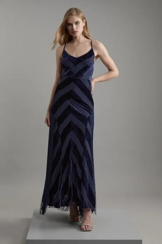 Karen Millen Fringed Velvet Devore Woven Maxi Dress navy New