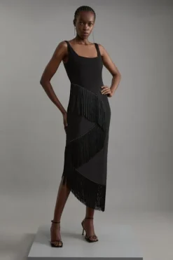 Karen Millen Fringe Tassel Drape Tailored Pencil Midi Dress black Clearance