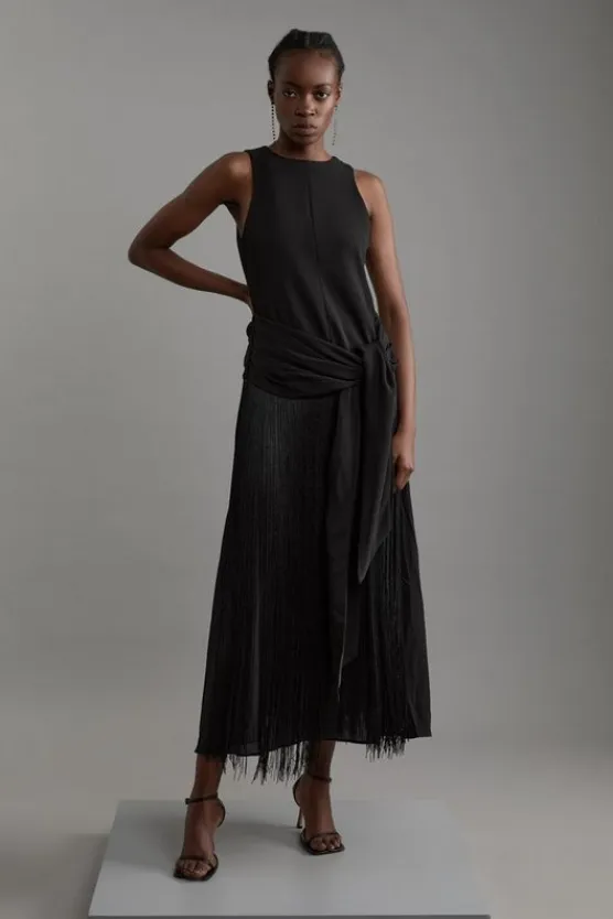 Karen Millen Fringe Tassle Halter Neck Tailored Maxi Dress black Discount