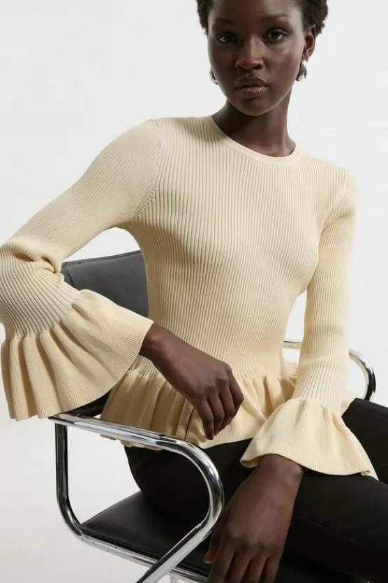 Karen Millen Full Sleeve Peplum Knit Rib Top ivory Best
