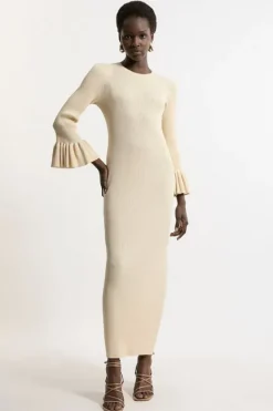Karen Millen Full Sleeve Rib Knit Midi Dress ivory New