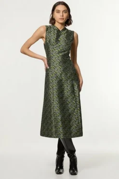 Karen Millen Geo Jacquard Twill Tailored Full Skirted Midi Dress green Best