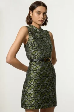 Karen Millen Geometric Jacquard Twill Tailored Belted Mini Dress green Fashion