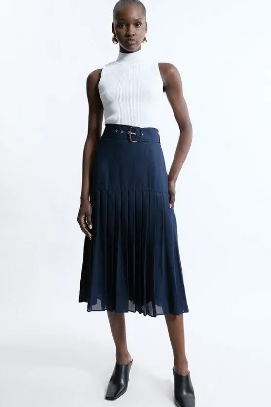Karen Millen Georgette Asymmetric Pleat Woven Midi Skirt navy New