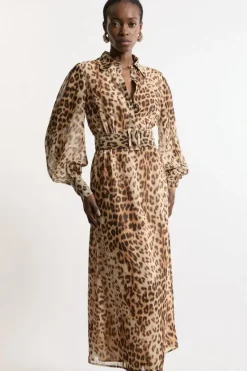 Karen Millen Georgette Belted Woven Shirt Dress leopard Outlet