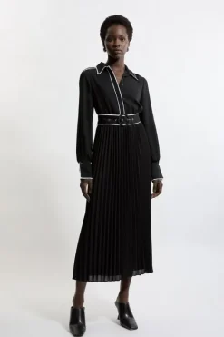 Karen Millen Georgette Pleated Piping Detail Woven Belted Maxi Dress black Outlet