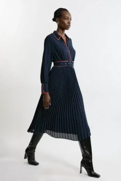 Karen Millen Georgette Pleated Piping Detail Woven Belted Maxi Dress navy New