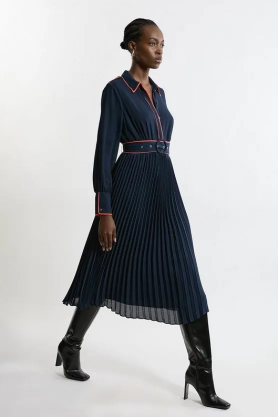 Karen Millen Georgette Pleated Piping Detail Woven Belted Maxi Dress navy New