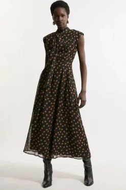 Karen Millen Georgette Spot Pintuck Waist Woven Midi Dress black Discount