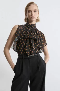 Karen Millen Georgette Spot Pussy Bow Tie Woven Blouse black Best