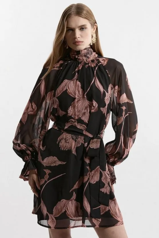 Karen Millen Georgette Tie Neck Woven Mini Dress floral Best