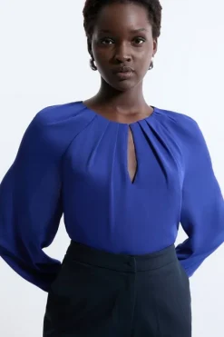 Karen Millen Georgette Woven Long Sleeved Keyhole Blouse blue Online