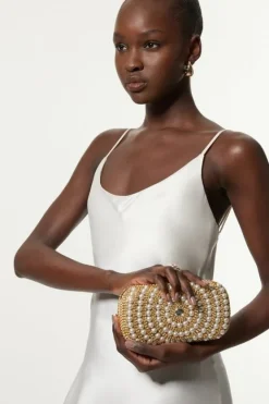 Karen Millen en Oval Detailed Pearl Embellished Clutch gold Sale
