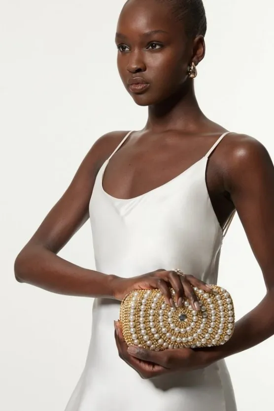 Karen Millen en Oval Detailed Pearl Embellished Clutch gold Sale