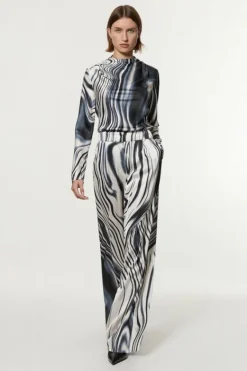 Karen Millen Graduated Stripe Viscose Satin High Waist Pants mono New
