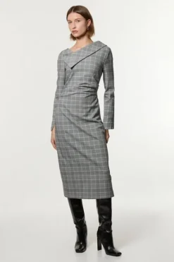 Karen Millen Check Tailored Asymmetrical Collared Fitted Maxi Dress grey Clearance