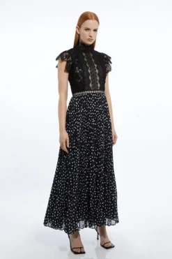 Karen Millen Guipure Lace Dot Pleated Skirt Midi Dress mono Hot