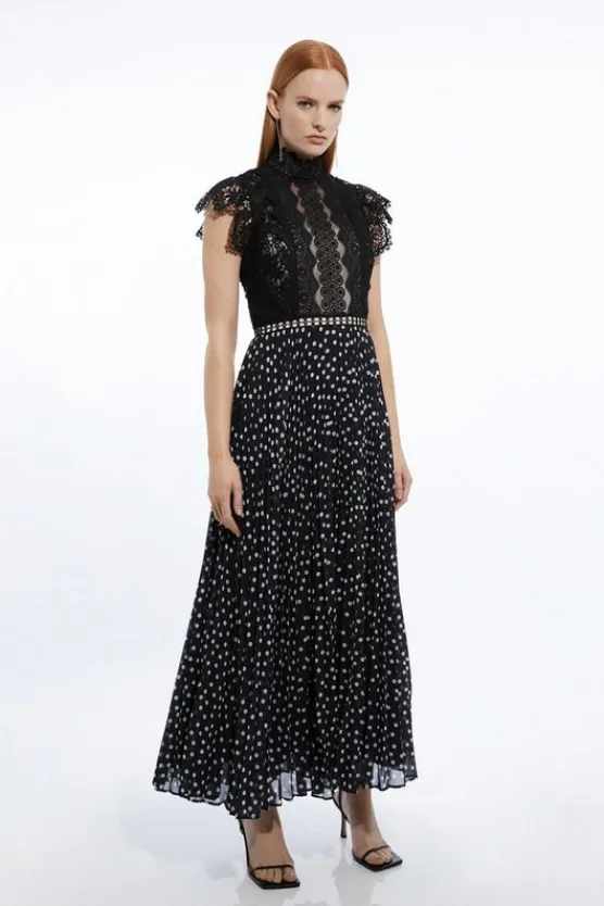 Karen Millen Guipure Lace Dot Pleated Skirt Midi Dress mono Hot