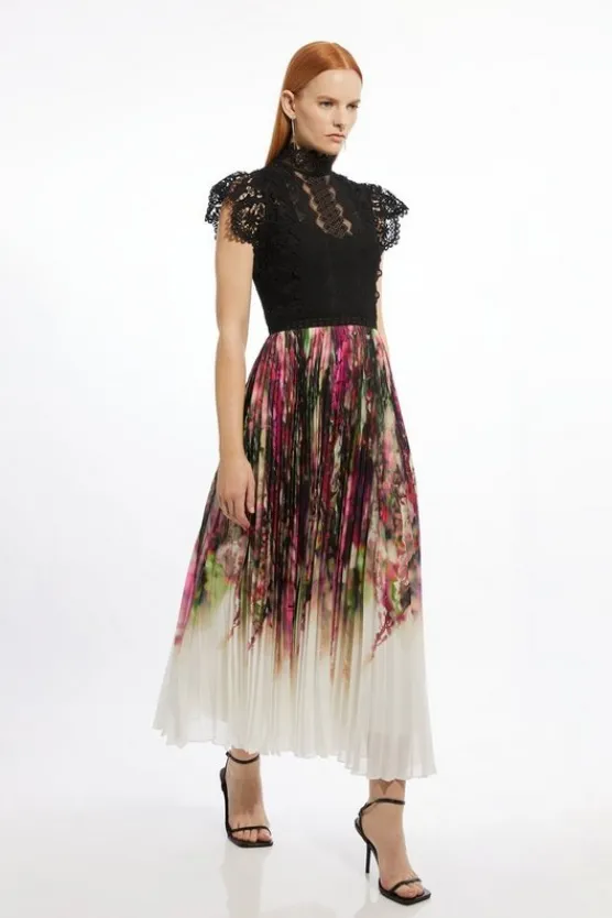 Karen Millen Guipure Lace Floral Printed Pleated Woven Maxi Dress purple Discount