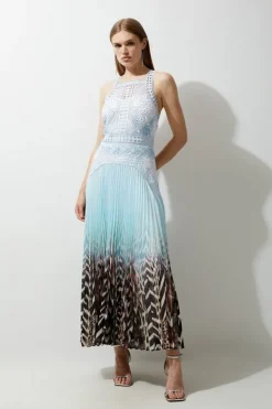 Karen Millen Guipure Lace Printed Pleated Racer Woven Maxi Dress blue Hot