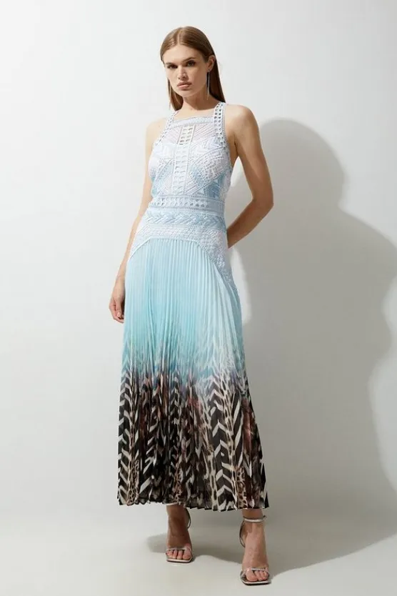 Karen Millen Guipure Lace Printed Pleated Racer Woven Maxi Dress blue Hot