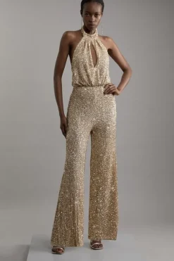 Karen Millen Halter Jersey Stretch Sequin Wide Leg Jumpsuit gold Discount
